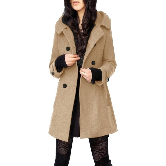 Women's Khaki Warm Double Breasted Wool Pea Coat Trench Coat Jacket with Hood - Picture 1 of 5